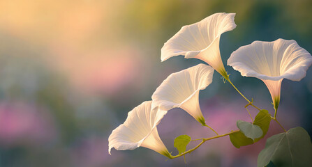 Wilec - Ipomoea, letnie białe kwiaty makro. Rośliny pnące