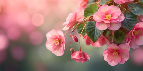 Begonia, piękne rózowe kwiaty - obrazy, fototapety, plakaty