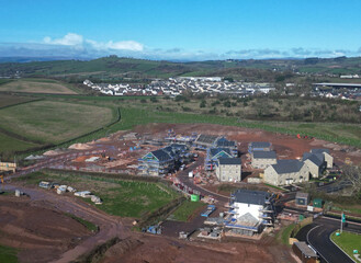 Paignton, South Devon, England: DRONE VIEW: A new build house development under construction on green belt land at White Rock. Paignton is a popular UK holiday resort (PHOTO 3).