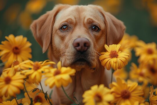 A majestic golden retriever stands proudly in a sea of vibrant sunflowers, basking in the warm sunlight and embracing the beauty of nature