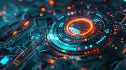 Cybernetic Eye Surveillance. A close-up of a cybernetic eye with intricate circuitry, glowing with red and blue lights, symbolizing advanced surveillance technology.