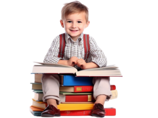 Sitting kid boy with books ready for school transparent background 
