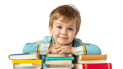 Sitting kid boy with books ready for school transparent background 