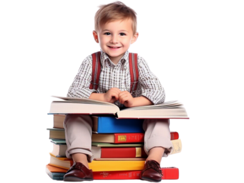 Sitting kid boy with books ready for school transparent background 