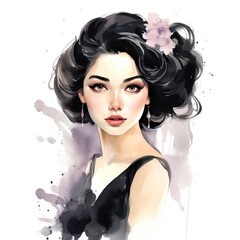 Chic Watercolor Clipart of Dark Hair Glam Girl for Modern Designs