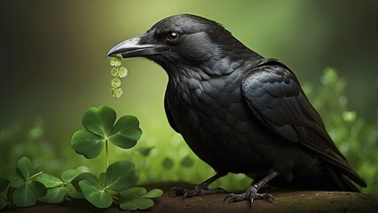 Fototapeta premium Raven picking luck clover