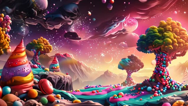 Candy planet cartoon poster with fantasy alien tree