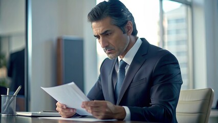 Serious concentrated hispanic businessman financier on paperwork inside office, man in business suit at workplace reviewing and reading papers, contracts and accounts reports - obrazy, fototapety, plakaty