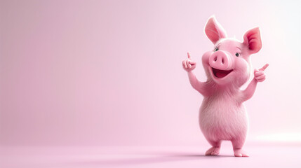 Cute cartoon animal, 3d art style, plain pink background. Stylized baby pig pointing with the hand. Copy space for text, card template, banner, backdrop. Cute character for kids
