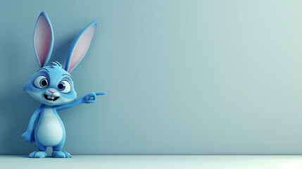 Fototapeta na wymiar Cute cartoon animal, 3d art style, plain blue background. Stylized bunny pointing with the hand. Copy space for text, card template, banner, backdrop. Cute character for kids