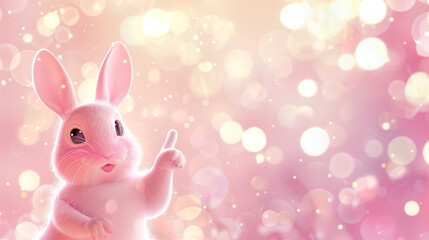 Cute cartoon animal, 3d art style, bokeh background. Stylized bunny waving the hand and pointing. Copy space for text, card template, banner, backdrop. Cute character for kids