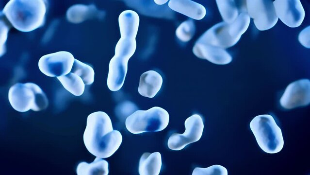 Micro bacteria or microorganisms in the form of rods glowing on a dark blue background.
Concept: microbiology and medical research and presentations on the importance of sterilization and hygiene