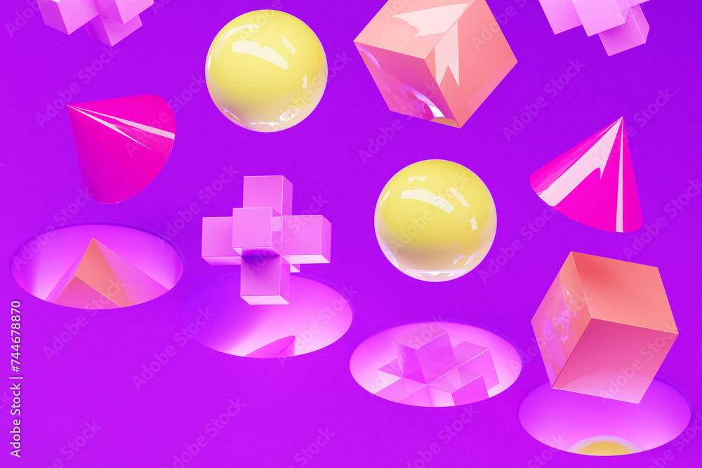 Poster 3d rendering, ideal shape, multi-colored volumetric figures falling into portals on a pink backgroun