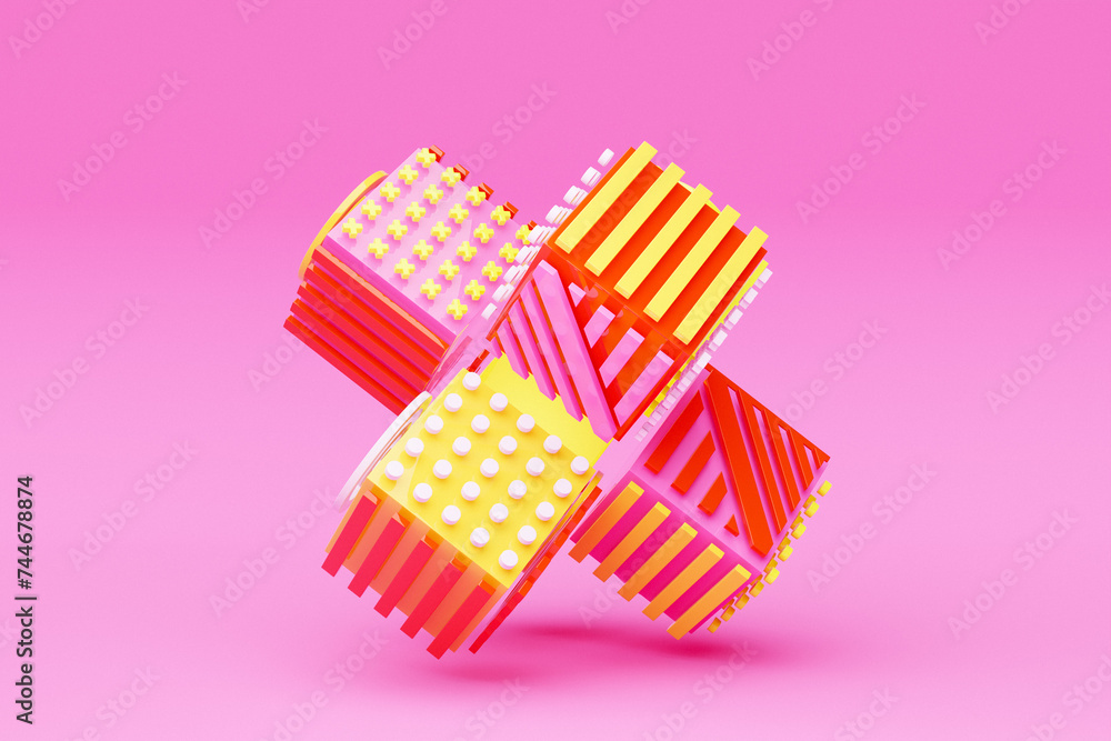Poster 3d illustration, abstract shape illusion of various squares with patterns, isometric abstract shapes