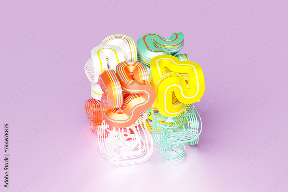 Poster 3d rendering, abstract bright figure with various patterns, shapes and various lines. colorful creat