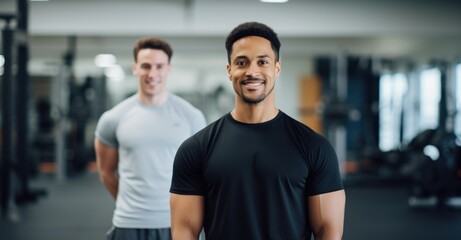 Personal trainer guides client through exercises in a dynamic gym setting