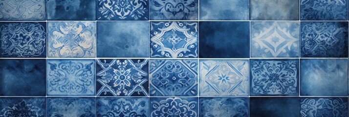 Abstract indigo colored traditional motif tiles wallpaper floor texture background banner