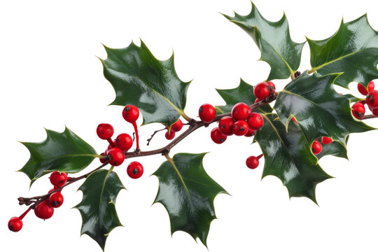 Holly Branch With Red Berries and Green Leaves. A close-up photo of a holly branch with vibrant red berries and lush green leaves.