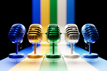 Multicolored retro microphone isolated on a black background. minimal style. 3D rendering