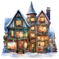 Charming Christmas Town Watercolor Clipart for Festive Designs