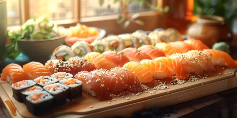 Gordijnen Large sushi and maki plate with salmon, tuna, avocado rolls in soft lightning , Background Bannner © Stadtwolf