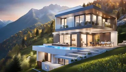 Foto op Canvas Cover design for a house project with a real estate plot in the mountains in the early morning (sunset), beautiful landscape design © Perecciv