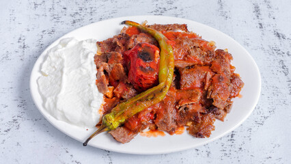 Iskender kebab plate top view