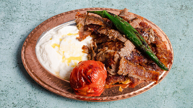 Iskender kebab plate top view
