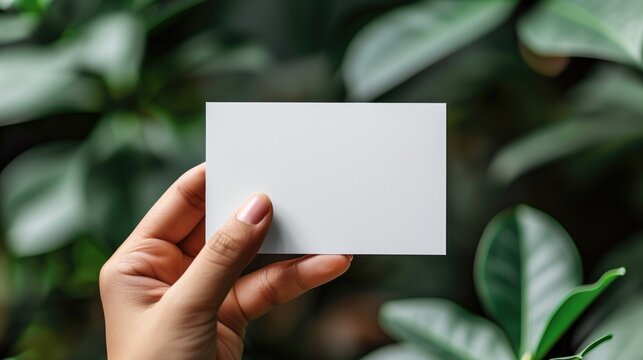 A Hand holding a mockup white card on a natural green background with leaves.