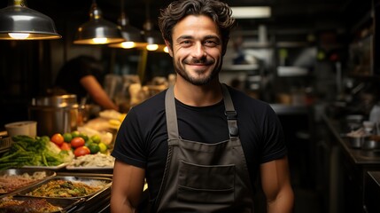 Fototapeta premium A charismatic chef with a friendly smile, standing proudly in the lively ambiance of a well-lit restaurant kitchen.
