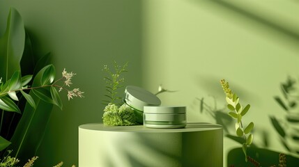 Eco-friendly skin care setup, sustainable and natural products, green plants in the background, earthy tones