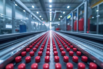 Obraz premium Modern industrial factory with automated machinery and conveyor belts for manufacturing and transportation