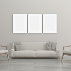 Three Wall Art Mockups on A Grey Wall in A Minimalist Contemporary Living Room with A Grey sitting Area of A Couch, Pillows and Chairs.