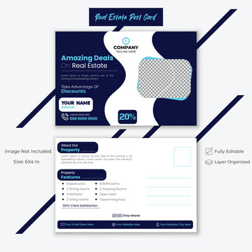 Creative Post Card Design, Professional Travel Post Card Template,  Modern Real Estate Layout.