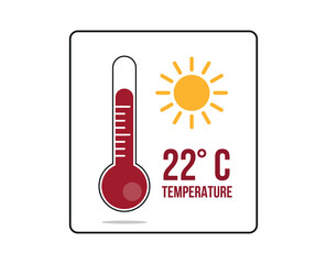 22° C. Thermometer 22 degrees Celsius. Vector for weather and climate forecast with yellow sun