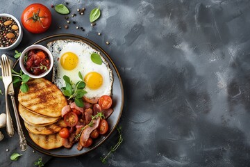 classic english breakfast on a well lit table with morning light, appetizing food. - obrazy, fototapety, plakaty