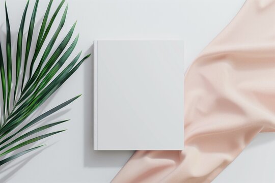 empty white vertical rectangle poster mockups lying diagonally with soft shadows of blooming tree leaves and flowers on neutral light grey concrete wall background