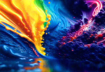 Digital abstract artwork, abstract splashes of bright paint create a sense of movement,
