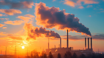 Sunrise Pollution: Dramatic low-angle shot depicts factory smokestacks emitting steam against the colorful sky, offering a poignant portrayal of the industrial landscape and its impact on air quality.