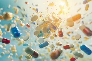 group of antibiotic pill capsules falling. Healthcare and medical concept - obrazy, fototapety, plakaty