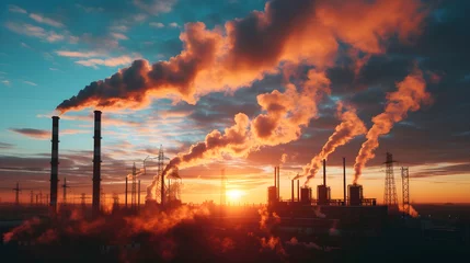 Photo sur Plexiglas Brique Sunrise Pollution: Dramatic low-angle shot depicts factory smokestacks emitting steam against the colorful sky, offering a poignant portrayal of the industrial landscape and its impact on air quality.