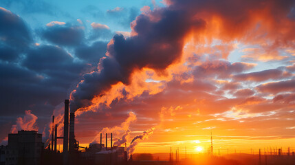Sunrise Pollution: Dramatic low-angle shot depicts factory smokestacks emitting steam against the colorful sky, offering a poignant portrayal of the industrial landscape and its impact on air quality. - obrazy, fototapety, plakaty