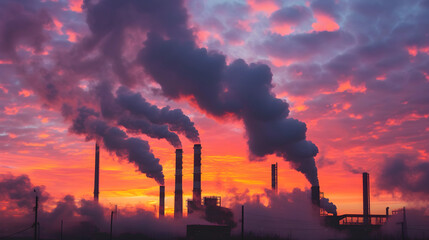 Sunrise Pollution: Dramatic low-angle shot depicts factory smokestacks emitting steam against the colorful sky, offering a poignant portrayal of the industrial landscape and its impact on air quality.