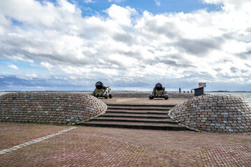 Cannons on the southern front in the fortress of Hellevoetsluis. 
Hellevoetsluis, Hellevoet, Voorne aan Zee, South Holland, Netherlands, Holland, Europe.
