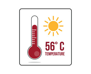 56° C. Thermometer 56 degrees Celsius. Vector for weather and climate forecast with yellow sun