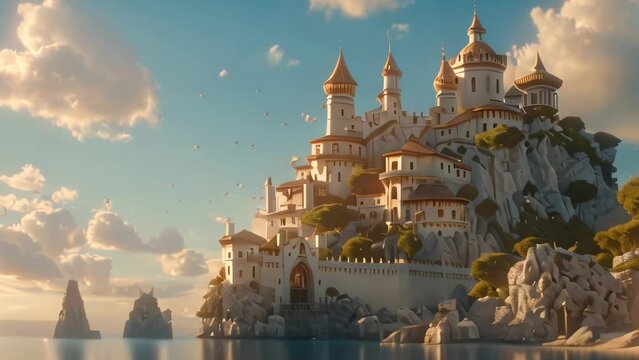 cartoon scene of beautiful castle by the beach and sea