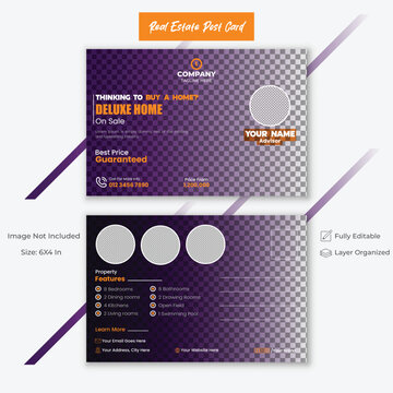 Creative Post Card Design, Professional Travel Post Card Template,  Modern Real Estate Layout.
