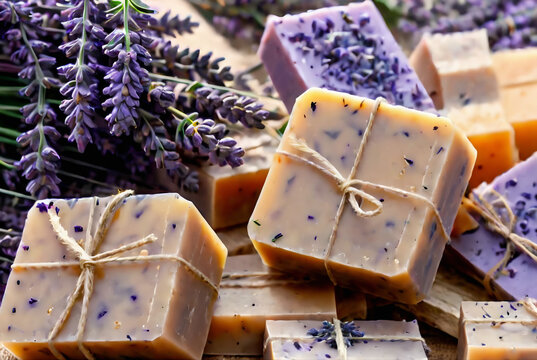 Bars of handmade soap with lavender
