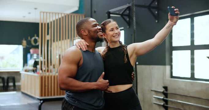 Fitness, selfie and thumbs up with couple of friends in gym together for health, support or success. Exercise, social media or profile picture with influencer man and woman training for wellness