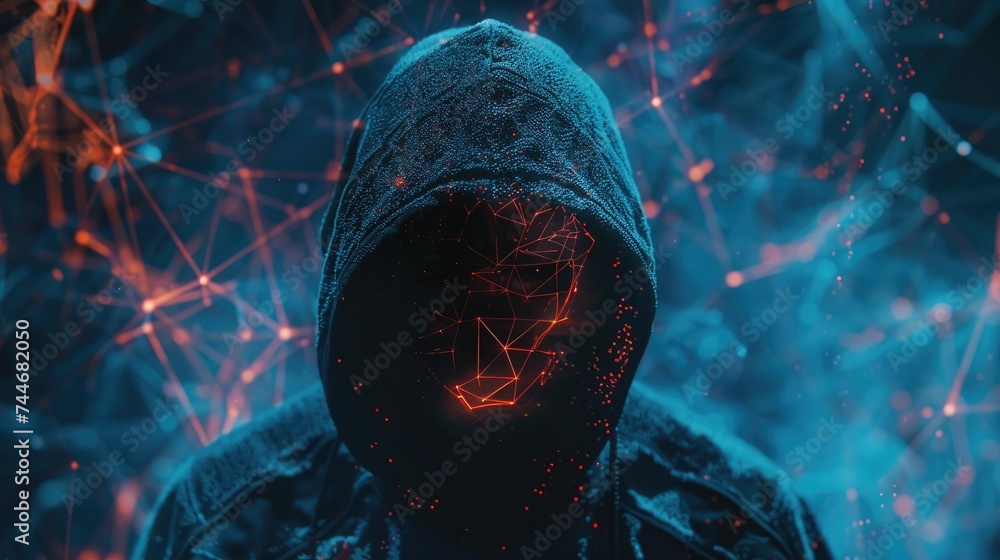 Poster abstract image of unrecognizable hacker cyber criminal in hood with dark space and matrix face on bl